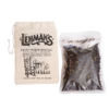 Natural fabric drawstring bag labeled Lehman’s Front Porch Special loose leaf black tea next to a clear pouch of handcrafted tea blend, a unique USA made beverage from Kitchen & Food, Food, Beverages, Best Sellers, and Promo Eligible collections.