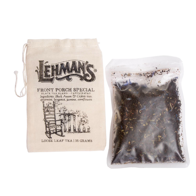Natural fabric drawstring bag labeled Lehman’s Front Porch Special loose leaf black tea next to a clear pouch of handcrafted tea blend, a unique USA made beverage from Kitchen & Food, Food, Beverages, Best Sellers, and Promo Eligible collections.