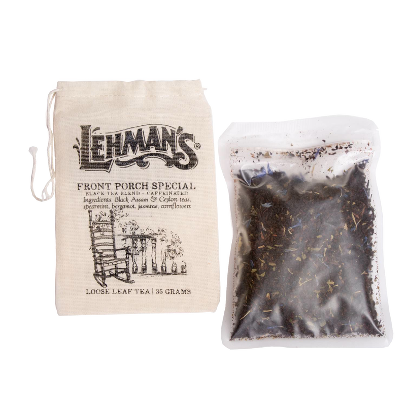 Natural fabric drawstring bag labeled Lehman’s Front Porch Special loose leaf black tea next to a clear pouch of handcrafted tea blend, a unique USA made beverage from Kitchen & Food, Food, Beverages, Best Sellers, and Promo Eligible collections.