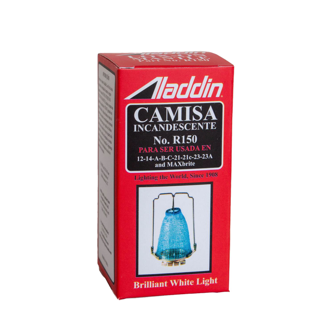 Red rectangular packaging for an incandescent lamp mantle compatible with Aladdin models 12, A, B, C, 21, 21C, 23, and MaxBrite 500, featured in Lamps & Lighting, Parts and Accessories, Wicks and Mantles, Lamp Burners and Collars, Best Sellers, and Promo Eligible collections.
