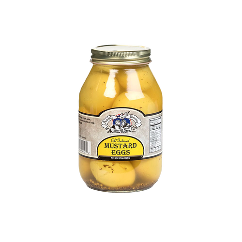 Glass jar of handcrafted mustard marinated eggs in clear brine with metal lid, made in USA, ideal for Kitchen & Food, Food, Pantry, Best Sellers, and Promo Eligible collections.
