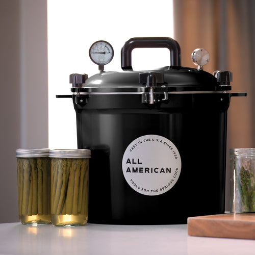 Matte black 21.5-quart pressure canner with dual pressure gauges and sturdy handle, handcrafted in USA for Kitchen & Food, Food Preservation, Canning, and Pressure Canners collections.