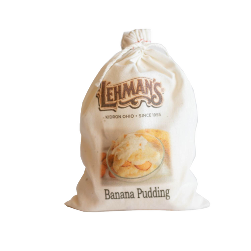 Natural fabric drawstring bag with handcrafted banana pudding mix featuring Lehman’s rustic branding, perfect for Kitchen & Food, Pantry, Dry Goods and Mixes, Best Sellers, Promo Eligible collections.