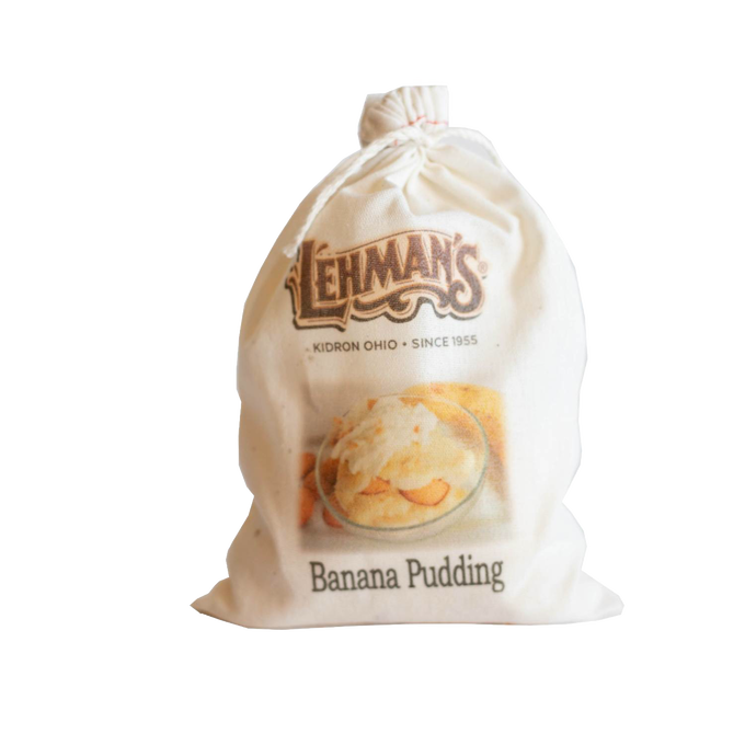 Natural fabric drawstring bag with handcrafted banana pudding mix featuring Lehman’s rustic branding, perfect for Kitchen & Food, Pantry, Dry Goods and Mixes, Best Sellers, Promo Eligible collections.