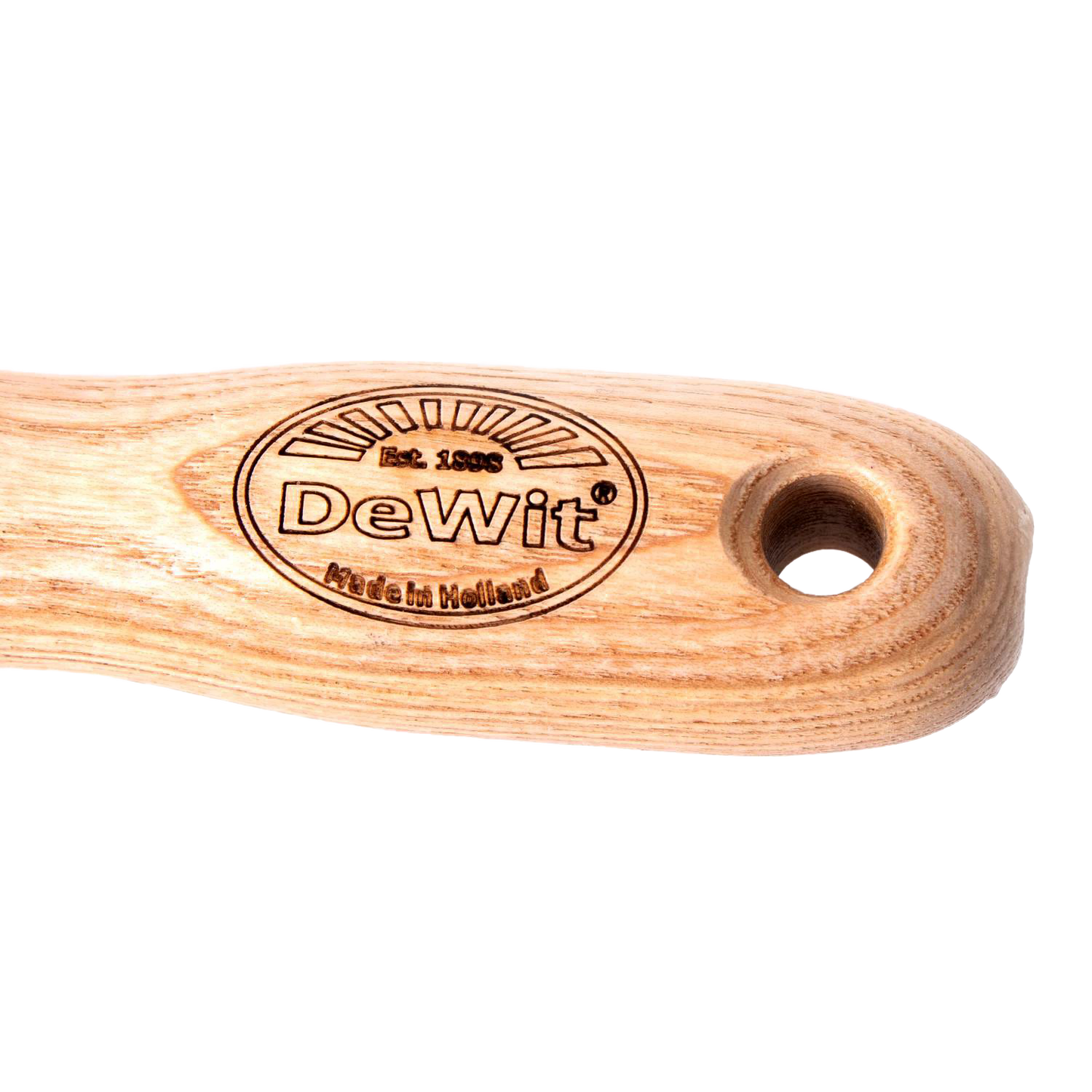 Close-up of a smooth wooden handle with DeWit brand engraving and a circular hole, crafted for durability and comfort in Farm, Garden & Tool, Garden Accessories, Best Sellers, Promo Eligible collections.