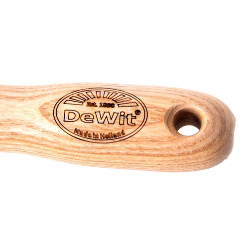 Close-up of a smooth wooden handle with DeWit brand engraving and a circular hole, crafted for durability and comfort in Farm, Garden & Tool, Garden Accessories, Best Sellers, Promo Eligible collections.