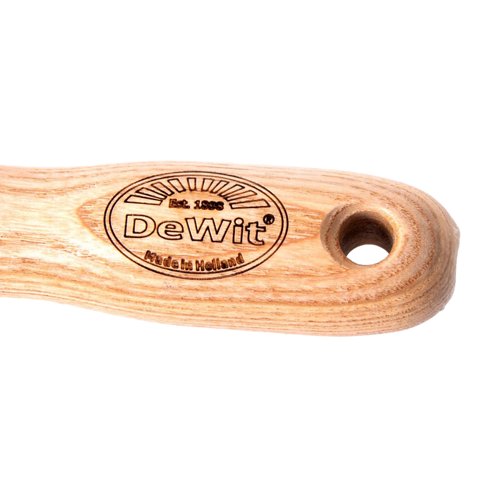Close-up of a smooth wooden handle with DeWit brand engraving and a circular hole, crafted for durability and comfort in Farm, Garden & Tool, Garden Accessories, Best Sellers, Promo Eligible collections.