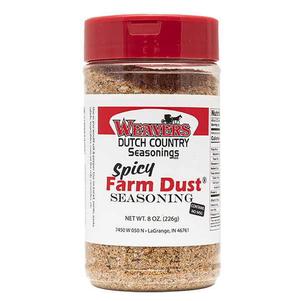 Clear shaker bottle with red lid containing handcrafted spicy Farm Dust seasoning blend, made in USA, perfect for Kitchen & Food, Pantry, USA Made, Best Sellers, and Promo Eligible collections.