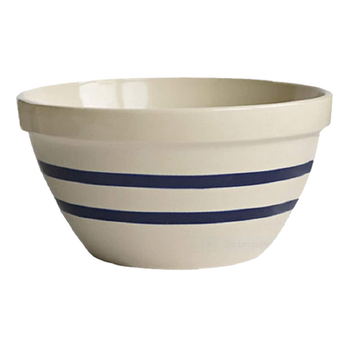 Handcrafted USA-made stoneware shoulder bowl with classic blue stripes, durable and versatile for baking, mixing, serving, and part of Kitchen & Food, Cookware, and Baking Supplies collections.