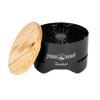 Compact black tabletop charcoal grill with a handcrafted wooden lid engraved with logo, designed for small outdoor cooking in Farm, Garden & Tool and Camping collections.