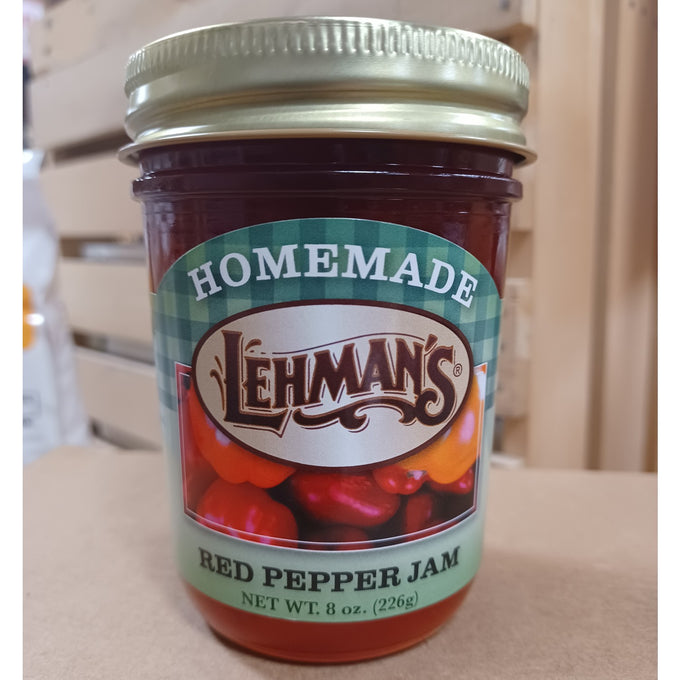 Glass jar of handcrafted Lehman's red pepper jam made with all-natural ingredients, Amish made in USA, perfect for Kitchen & Food, Pantry, Peanut Butter & Jellies, and Best Sellers collections.