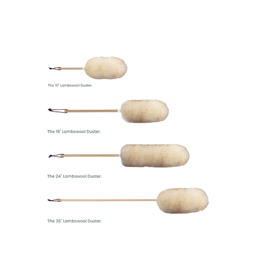 Four handcrafted lamb's wool dusters with natural wooden handles in varying sizes, designed for gentle dusting in household cleaning, home decor, and USA made collections.
