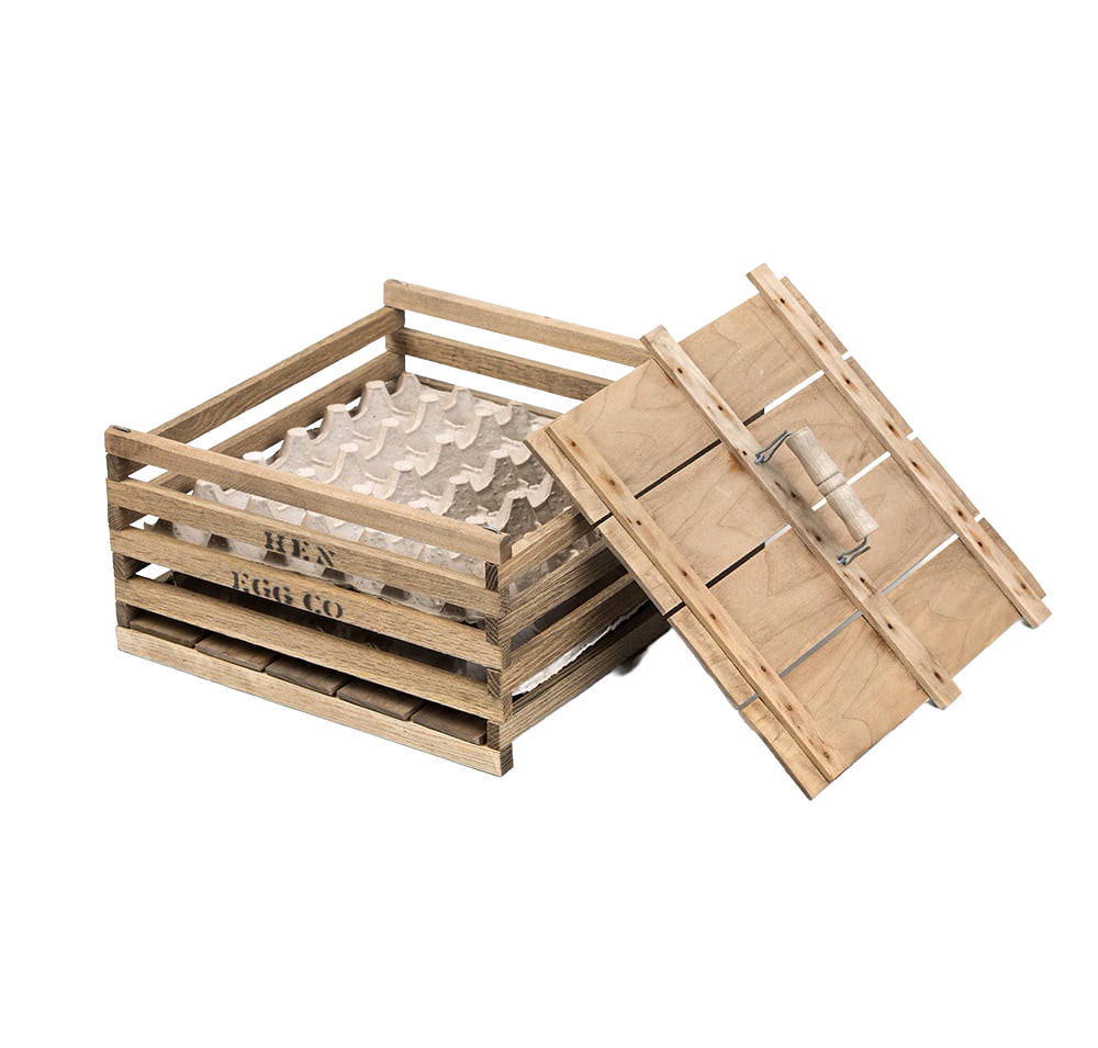 Handcrafted wooden egg crate with a slatted design and removable lid, perfect for safely transporting eggs; ideal for farm, garden, and animal care use.