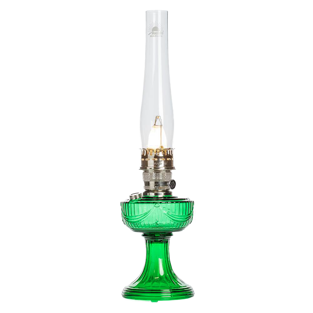 Handcrafted oil lamp with a vibrant emerald glass base featuring a vintage-inspired drape design, suitable for Lamps & Lighting, Oil Lamps, Table Lamps, Best Sellers, and Promo Eligible collections.