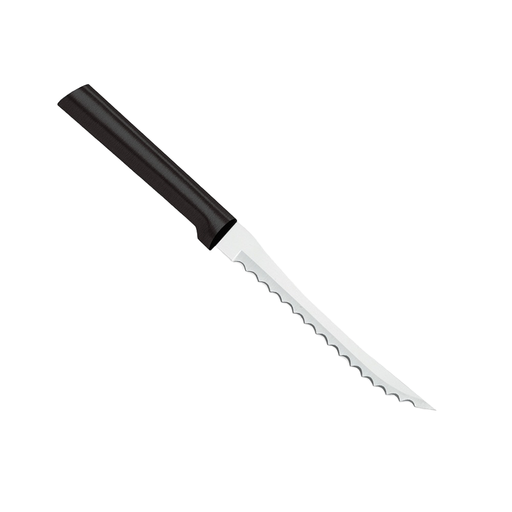 High carbon surgical stainless steel tomato slicer with scalloped blade and a smooth dark handle, handcrafted in USA, ideal for kitchen knives and food prep collections.