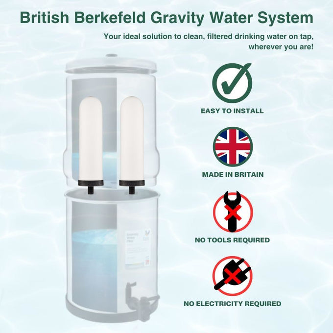 Diagram of a British Berkefeld gravity water filter system showing white ultra sterasyl ceramic filter elements installed, highlighting easy installation, made in Britain, no tools or electricity needed, suitable for Farm, Garden & Tool, Appliances, and Emergency Supplies collections.