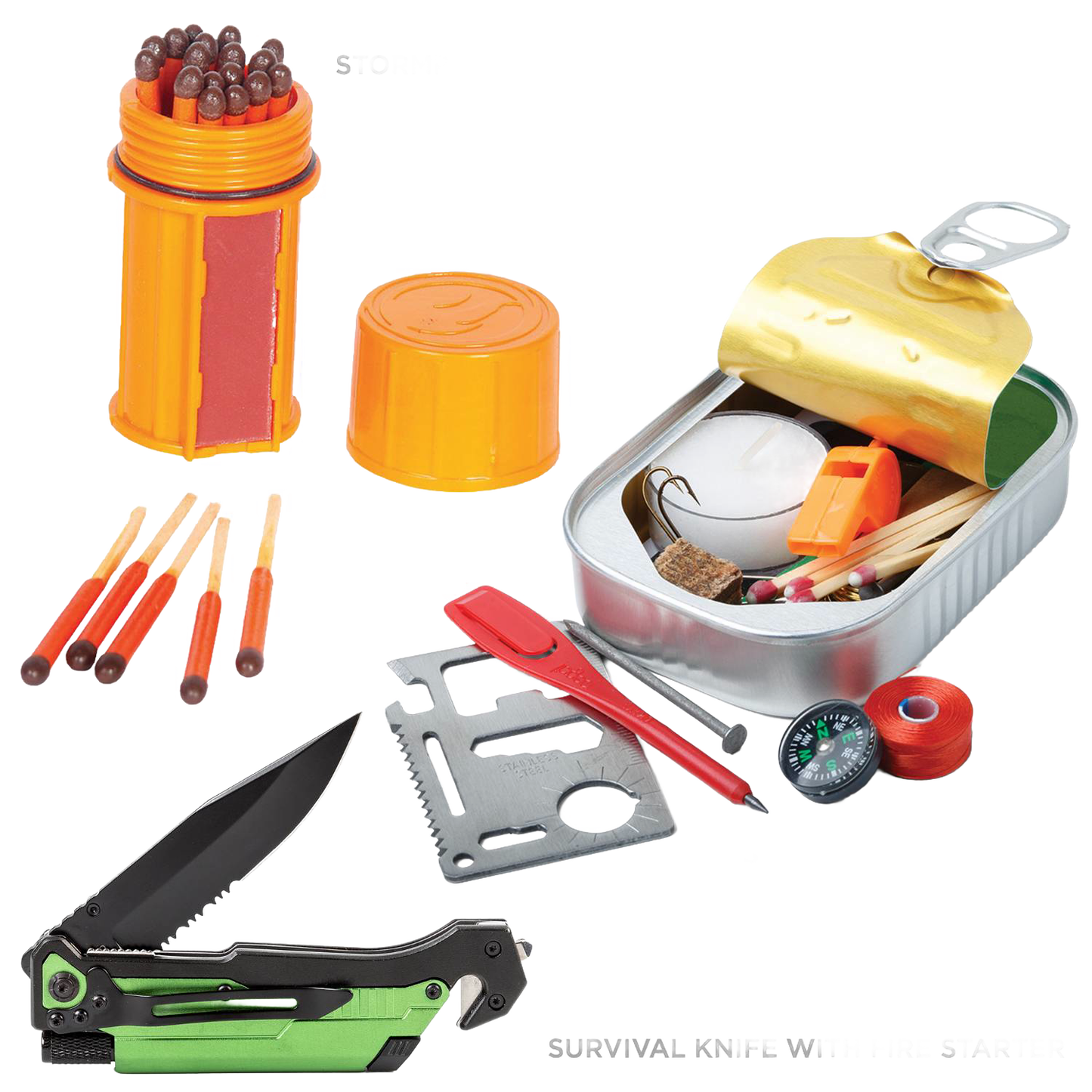 Compact pocket-size survival kit including a folding knife, waterproof match container, multi-tool card, whistle, compass, and other essential emergency and camping supplies, ideal for Farm, Garden & Tool, Camping, and Emergency Supplies collections.