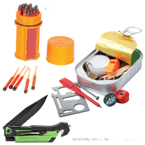 Compact pocket-size survival kit including a folding knife, waterproof match container, multi-tool card, whistle, compass, and other essential emergency and camping supplies, ideal for Farm, Garden & Tool, Camping, and Emergency Supplies collections.
