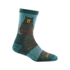 Women's handcrafted micro crew hiking sock with a bear motif in blue and gray tones, breathable and lightly cushioned, featured in Health & Wellness, Camping, USA Made, and Best Sellers collections.