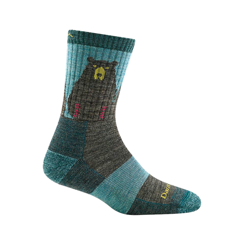 Women's handcrafted micro crew hiking sock with a bear motif in blue and gray tones, breathable and lightly cushioned, featured in Health & Wellness, Camping, USA Made, and Best Sellers collections.