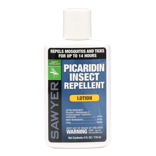 White plastic bottle of Sawyer Picaridin insect repellent lotion with blue label, offering up to 14 hours of protection against mosquitoes and ticks, ideal for camping and outdoor use.