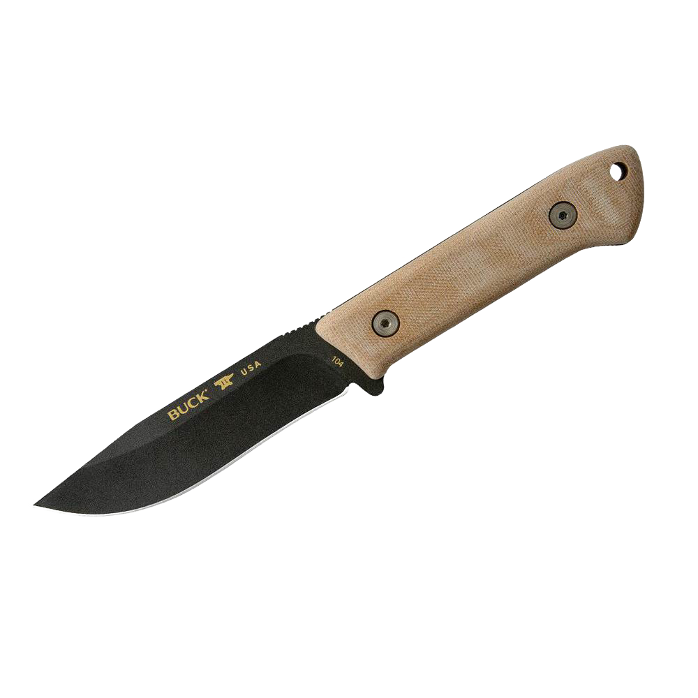 Fixed blade camping knife with durable Cerakote-coated drop point blade and textured tan handle, handcrafted and made in USA, ideal for outdoor, farm, garden, and tool use.