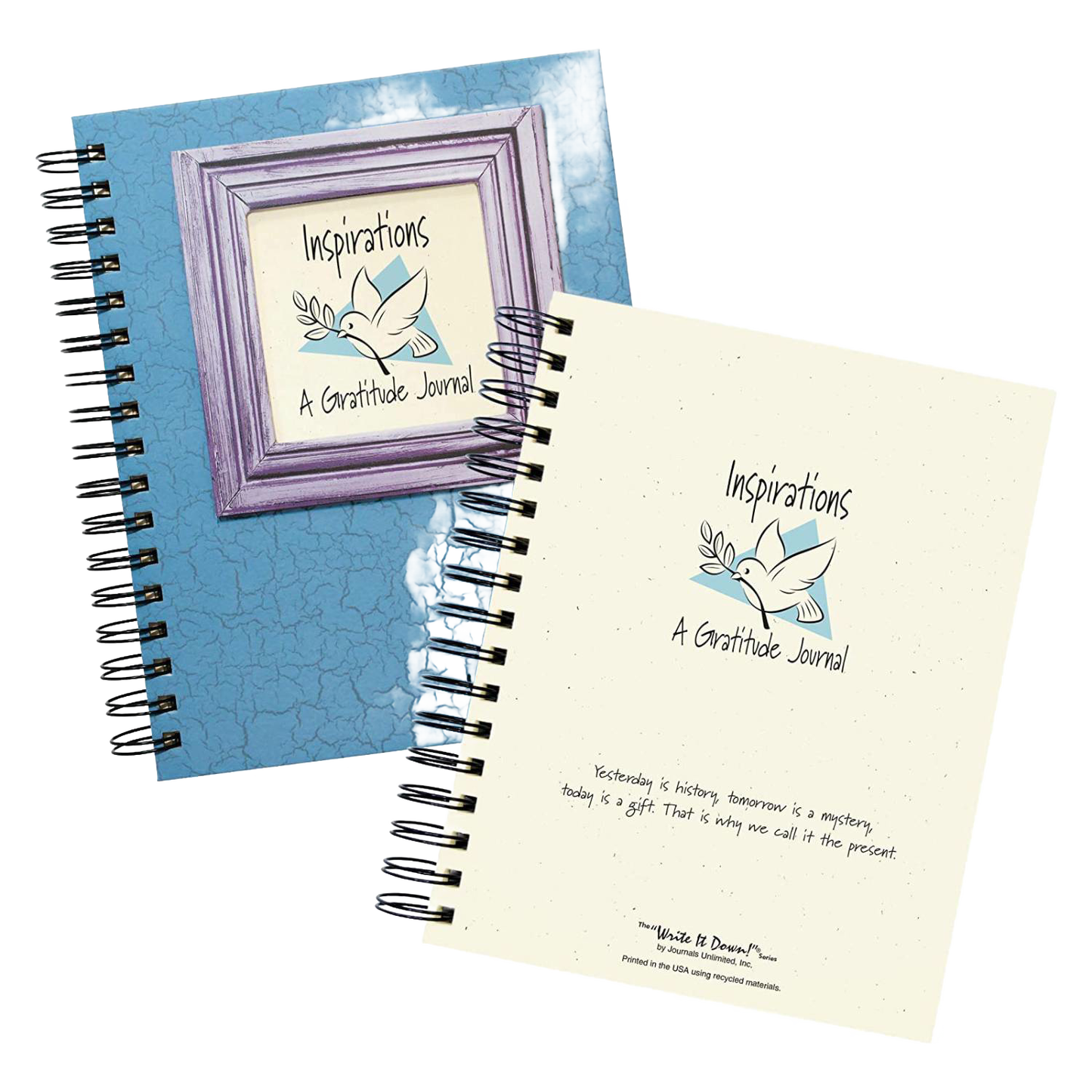 Two spiral-bound gratitude journals with textured blue and cream covers featuring a framed dove illustration and inspirational text, handcrafted and included in Toys, Books & Games, Books, Heritage and Lifestyle Books, and Best Sellers collections.