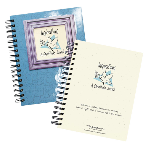 Two spiral-bound gratitude journals with textured blue and cream covers featuring a framed dove illustration and inspirational text, handcrafted and included in Toys, Books & Games, Books, Heritage and Lifestyle Books, and Best Sellers collections.