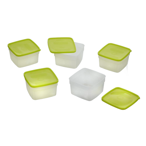 Set of heavy-duty 1-pint freezer storage containers with translucent plastic bodies and bright green lids, ideal for Kitchen & Food, Food Preservation, Freezing, Storage, and USA Made collections.