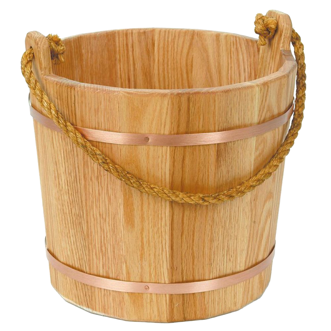 Handcrafted wooden bucket with kiln-dried oak slats, burnished copper-colored metal bands, and a sturdy handmade sisal rope handle, featured in Farm, Garden & Tool and USA Made collections.
