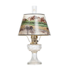 Clear glass oil lamp with brass burner and scenic Rocky Mountain parchment shade depicting wildlife and nature, featured in Lamps & Lighting, Oil Lamps, Table Lamps, Best Sellers, Promo Eligible collections.