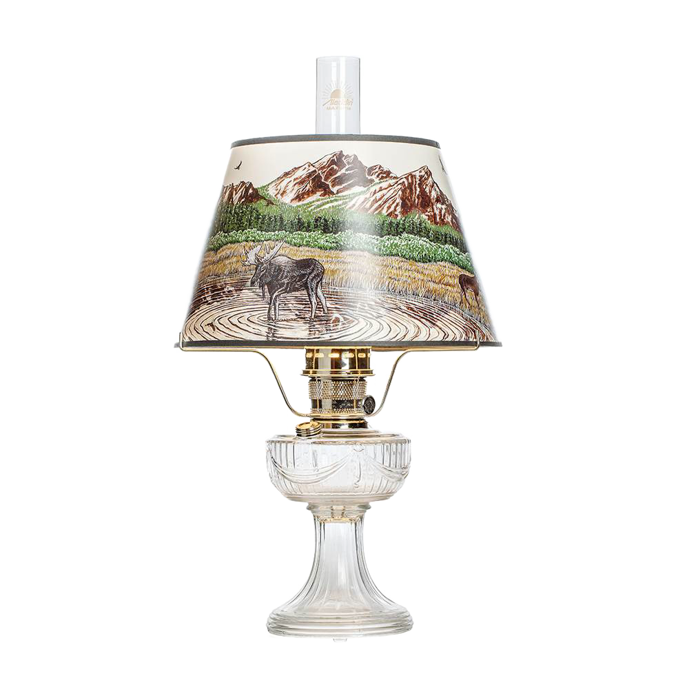Clear glass oil lamp with brass burner and scenic Rocky Mountain parchment shade depicting wildlife and nature, featured in Lamps & Lighting, Oil Lamps, Table Lamps, Best Sellers, Promo Eligible collections.