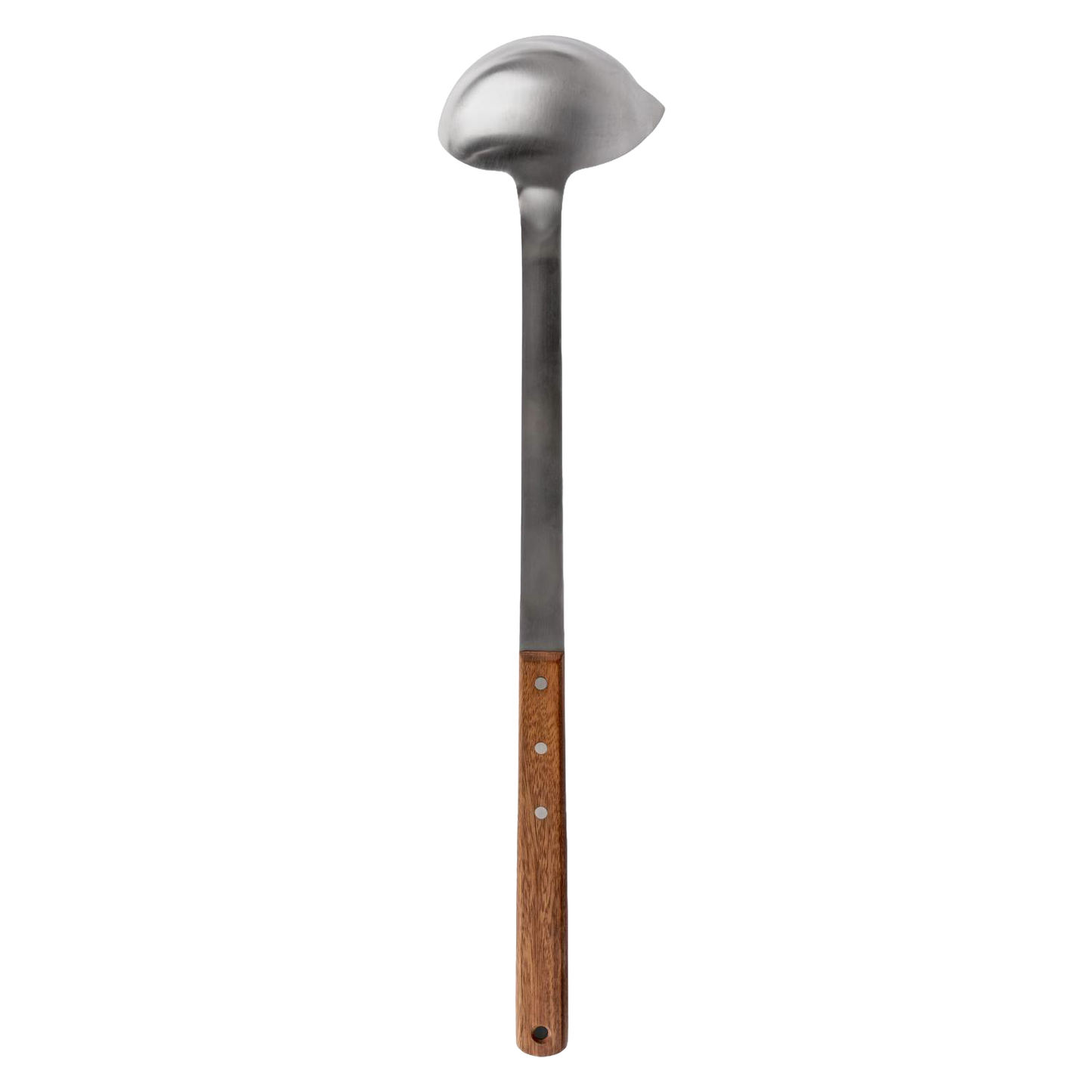 Large stainless steel soup ladle with wooden handle, designed for generous servings in outdoor and kitchen settings, ideal for Farm, Garden & Tool and Camping collections.