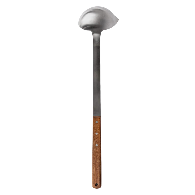 Large stainless steel soup ladle with wooden handle, designed for generous servings in outdoor and kitchen settings, ideal for Farm, Garden & Tool and Camping collections.