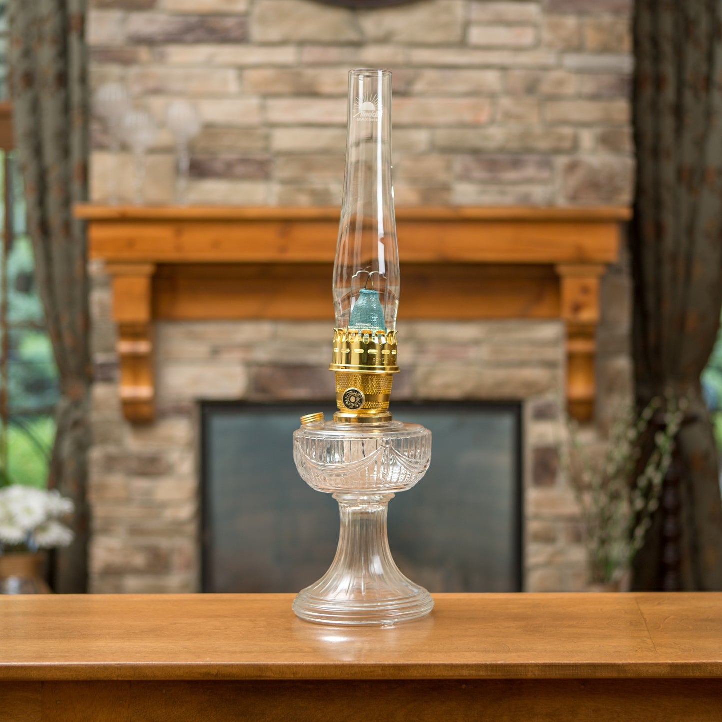 Handcrafted clear glass oil lamp with polished brass burner and tall chimney featuring a Lincoln Drape pattern, part of Lamps & Lighting, Oil Lamps, Table Lamps, Best Sellers, and Promo Eligible collections.