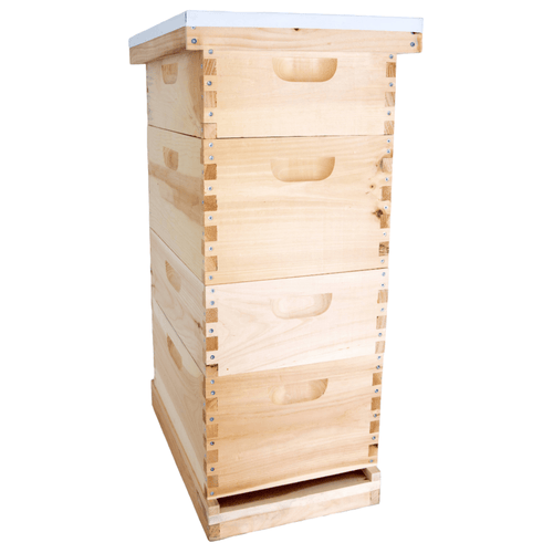 Stacked wooden beehive with multiple compartments and a metal telescoping cover, handcrafted and Amish made, ideal for beekeeping supplies in farm and garden collections.
