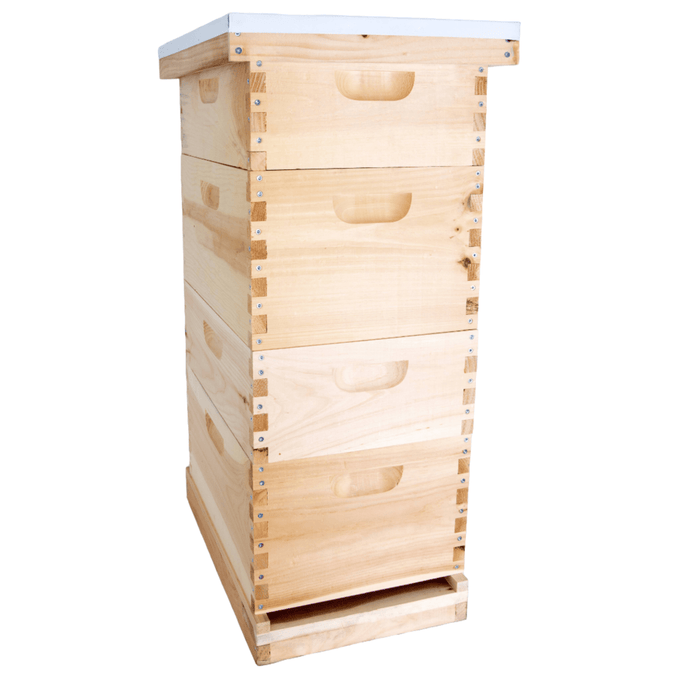 Stacked wooden beehive with multiple compartments and a metal telescoping cover, handcrafted and Amish made, ideal for beekeeping supplies in farm and garden collections.