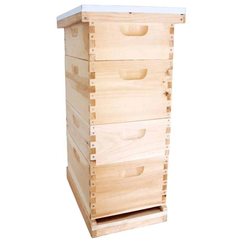 Stacked wooden beehive with multiple compartments and a metal telescoping cover, handcrafted and Amish made, ideal for beekeeping supplies in farm and garden collections.
