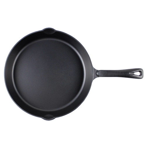 Handcrafted nitrided cast iron skillet with stick-resistant finish and single long handle, designed for outdoor and campfire cooking, featured in Farm, Garden & Tool and Kitchen & Food collections.
