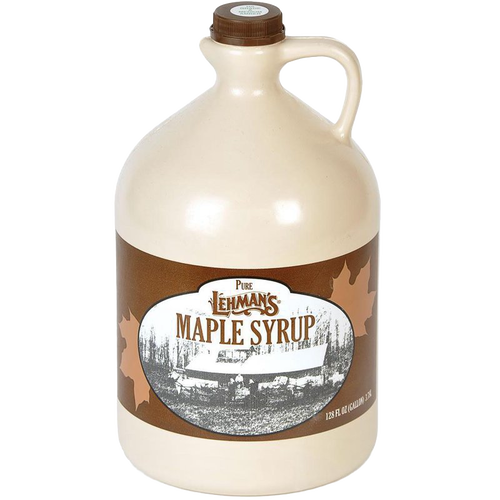 Handcrafted beige jug of medium amber maple syrup with a brown label featuring vintage imagery, ideal for Kitchen & Food, Pantry, USA Made, and Best Sellers collections.