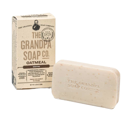 Handcrafted oatmeal soap bar embossed with brand name, featuring natural ingredients and gentle formula, part of Health & Wellness, Soaps, Grooming, USA Made, and Best Sellers collections.