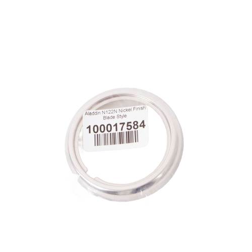 Nickel-plated burner collar with a blade style design and thread ring, measuring 2-5/8 inch diameter, compatible with most Aladdin glass lamp fonts, featured in Lamps & Lighting and Parts collections.