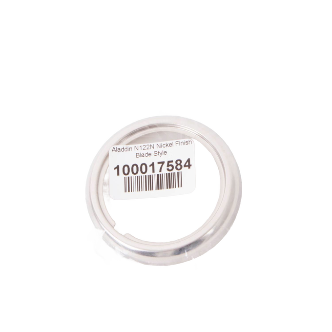 Nickel-plated burner collar with a blade style design and thread ring, measuring 2-5/8 inch diameter, compatible with most Aladdin glass lamp fonts, featured in Lamps & Lighting and Parts collections.