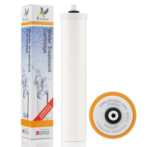 White cylindrical water filter element with orange rim labeled for limescale reduction, shown alongside branded packaging featuring water treatment graphics, fitting appliances and water treatment collections.
