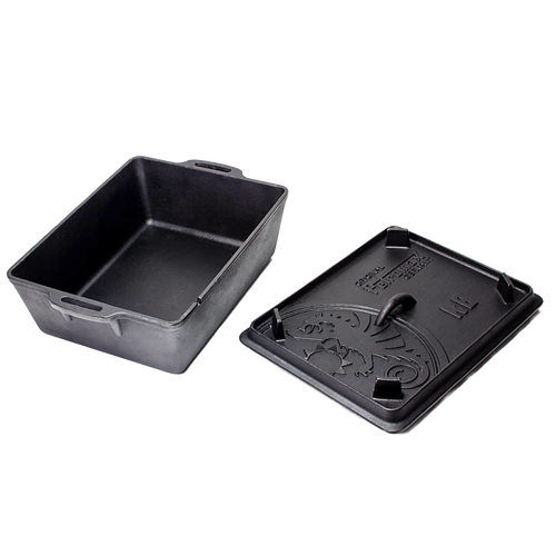 Rectangular cast iron loaf pan with a decorative lid, designed for versatile baking and cooking, ideal for farm, garden, kitchen, camping, and cast iron cookware collections.