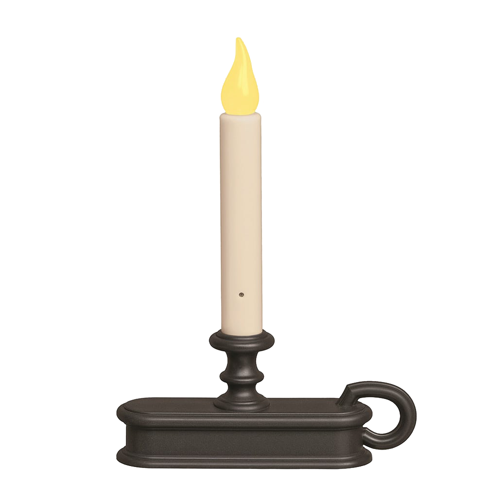 Tall LED candle with amber flame in a black metal holder featuring a handle, ideal for Home & Decor, Holiday Decor, and Candles collections with cordless functionality.