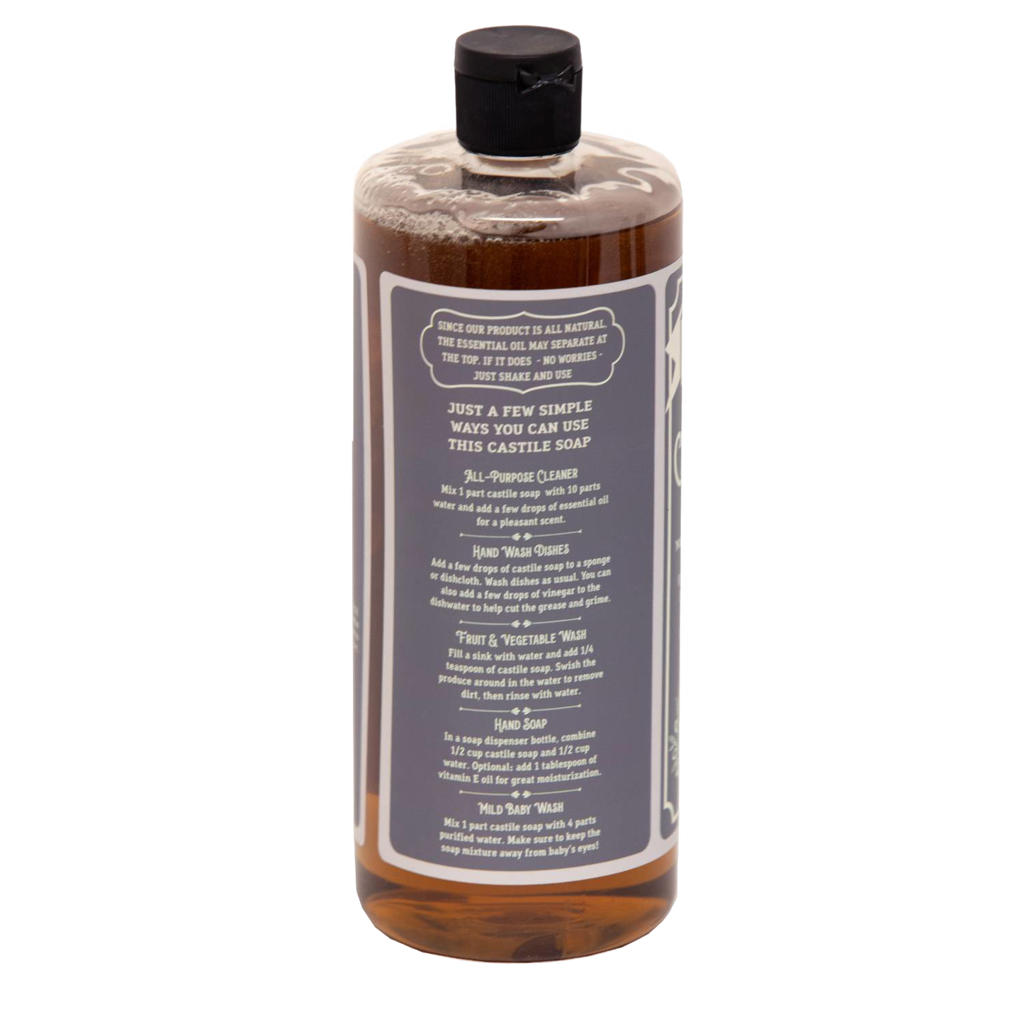 Amber bottle of handcrafted Lehman's Castile concentrated liquid soap displaying usage instructions, highlighting natural multi-use formula made in USA for Health & Wellness, Grooming, Soaps collections.