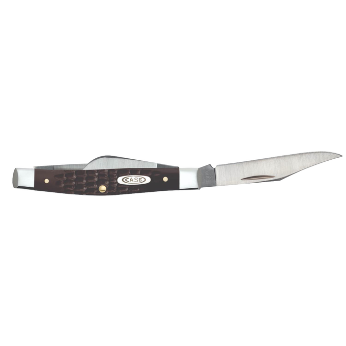 Traditional handcrafted medium stockman knife with brown synthetic handle and sloped bolster, made in USA, ideal for Farm, Garden & Tool and Pocket Knives collections.