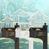 Three handcrafted custom Balmoral-style mailboxes in white, black, and bronze finishes, each featuring gold address plaques and posts, displayed in a suburban Home & Decor setting.