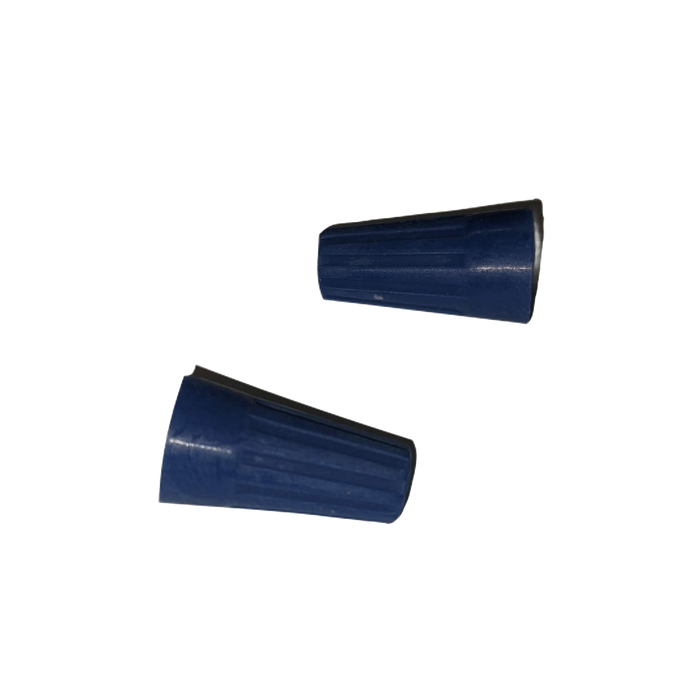 Two blue plastic wire connectors with ribbed texture, handcrafted for secure electric connections in lamps and lighting, emergency supplies, and parts collections.